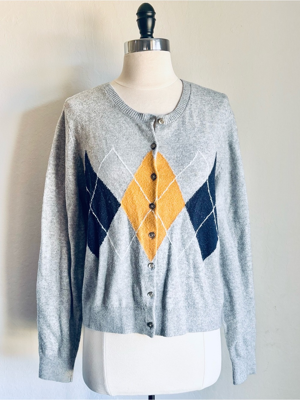 Soft Gray Argyle Cropped Cardigan Sweater Navy Yellow